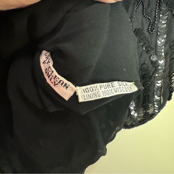 Frank Usher Vintage 1980 100% Silk Sequin Beaded Top Evening Crew Lined Black L - Picture 9 of 16